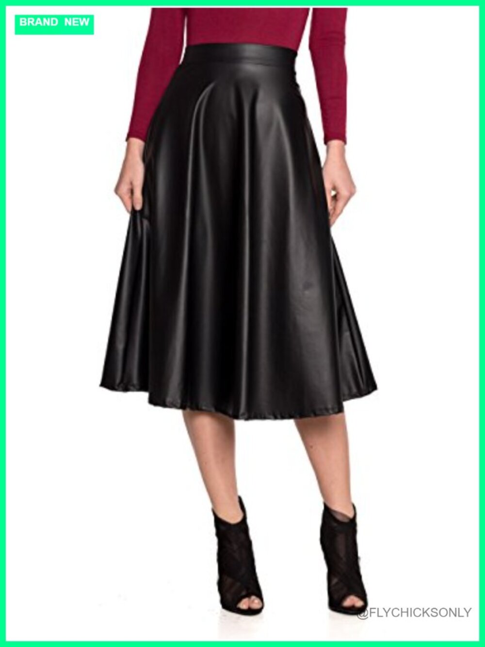 Faux Leather Flare Skirt A-Line High Rise Stretchy